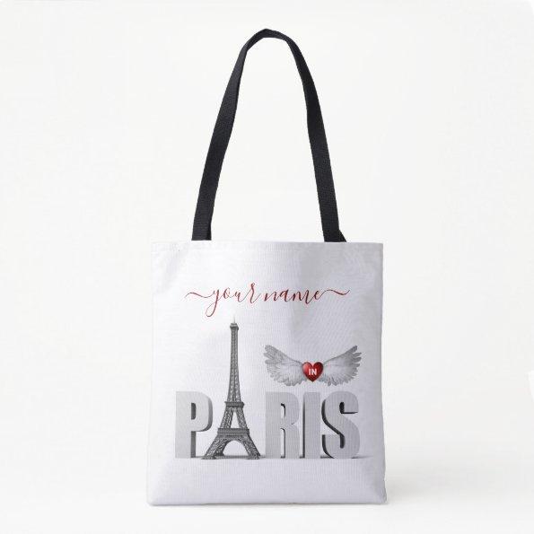 Your Name in Paris Eiffel Tower Heart Angel Wings Tote Bag