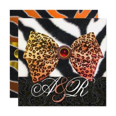 ZEBRA FUR,LEOPARD SKIN BOW ,BLACK DAMASK MONOGRAM Invitations