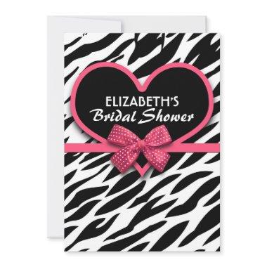 zebra pink heart bridal shower invitations