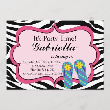 Zebra Print Flip Flop Birthday Party Invitations